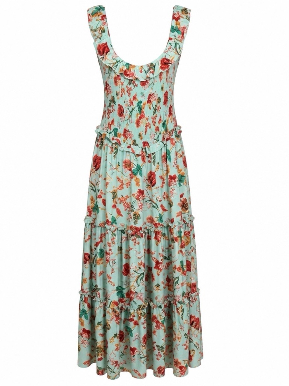 Abel the Label Mint Floral Ruffle Tiered Maxi Dress M Smocked Boho Off-Shoulder